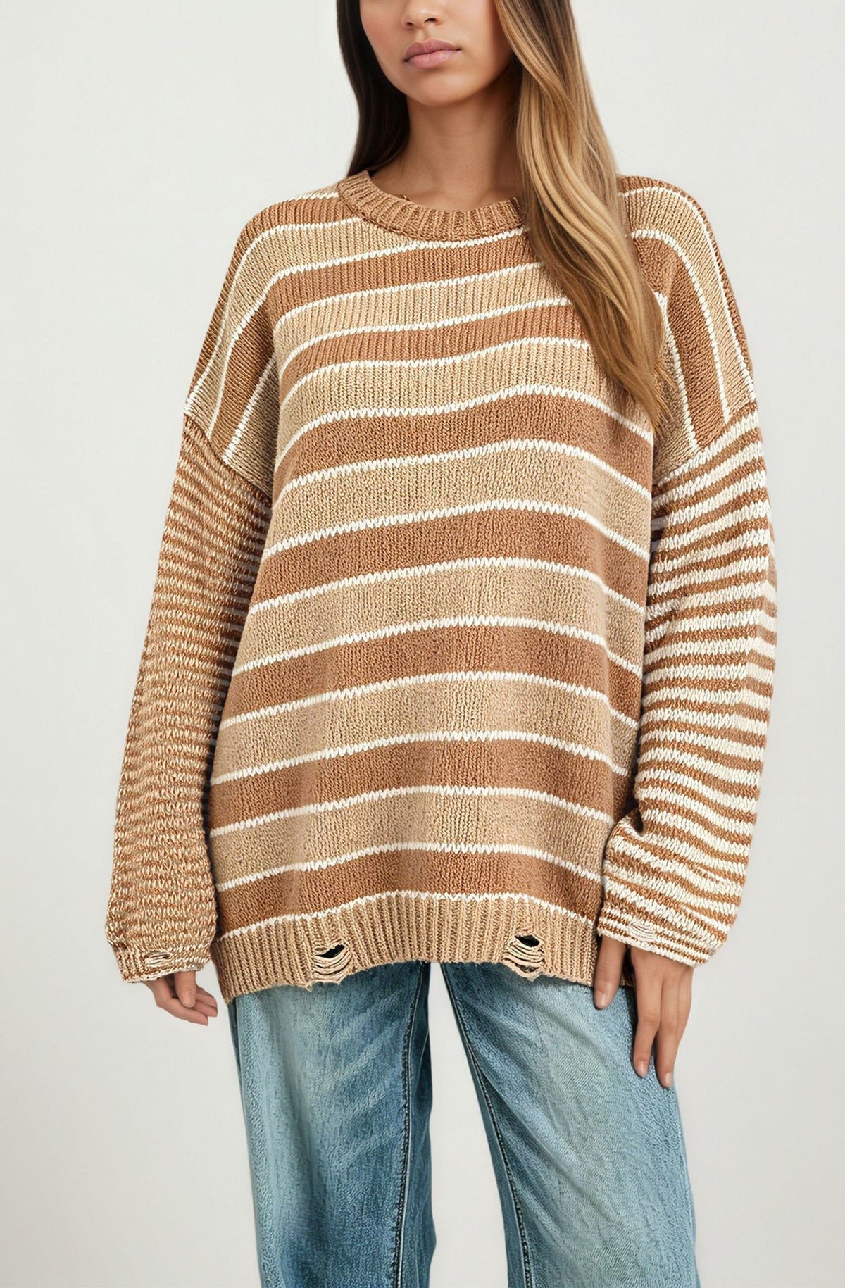 Womens Oversized Striped Crewneck Pullover Sweater