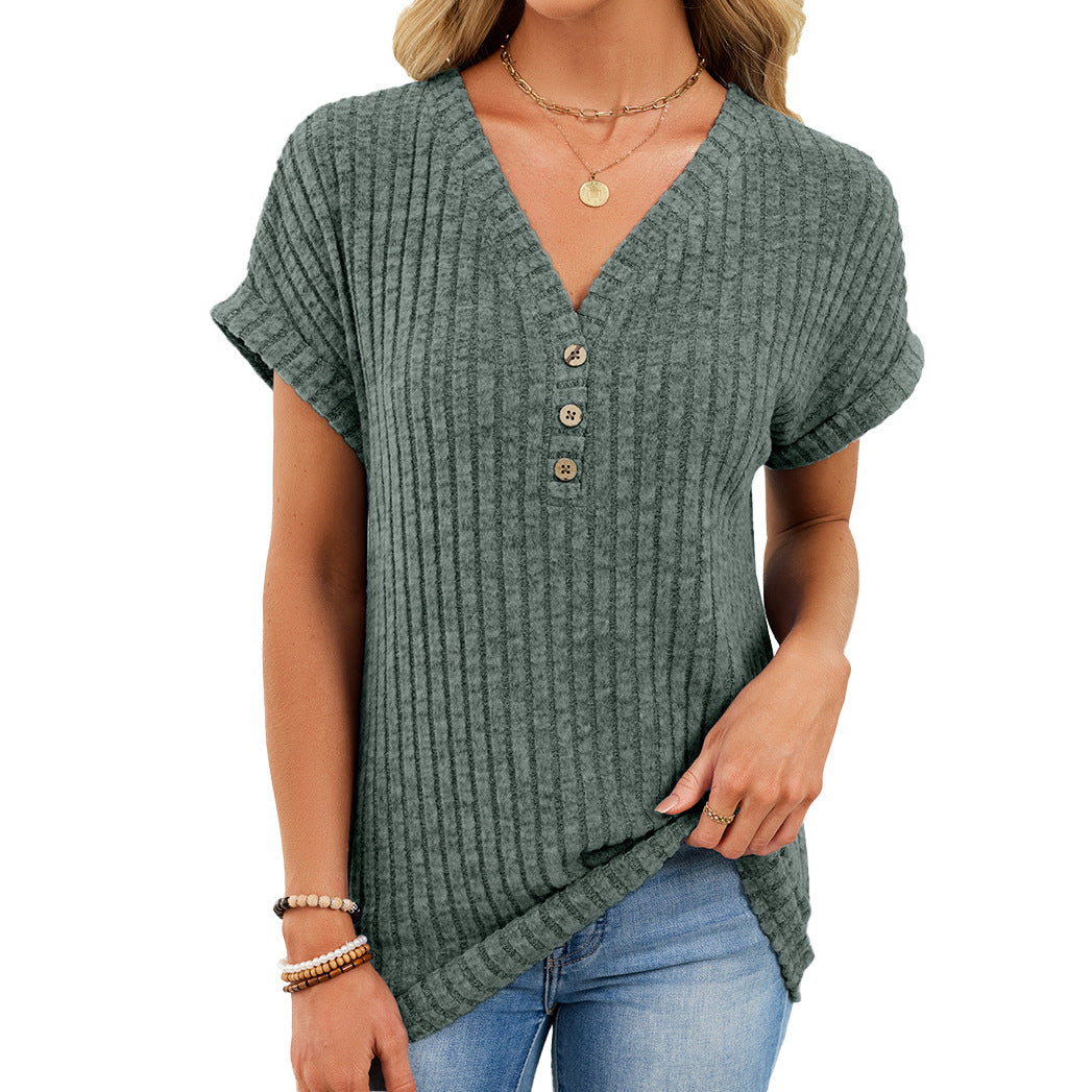 Solid Ribbed Knit Top V Neck Casual Short Sleeve