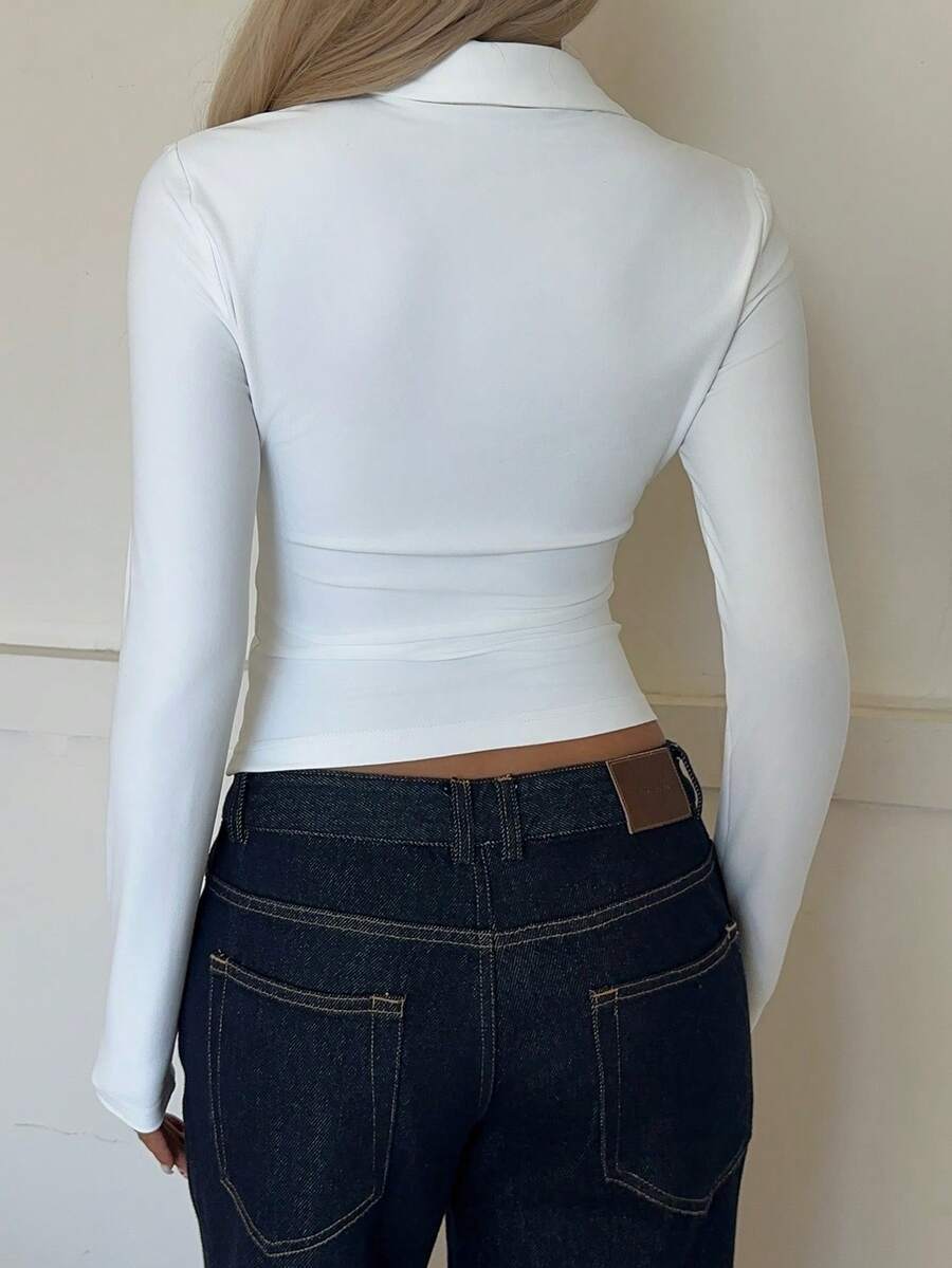 Solid Polyester Blouse Trendy Fitted Ruched Button Front