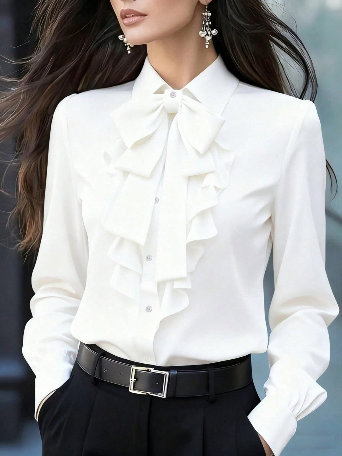 Women's Bow Tie Ruffle Blouse Long Sleeve Office Top
