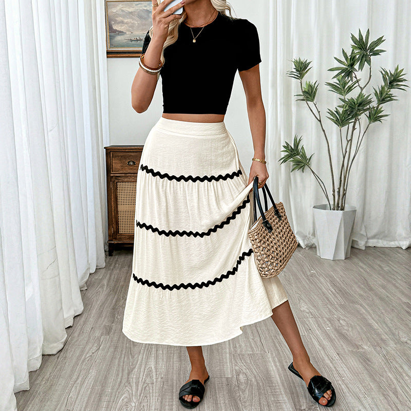 Contrast Trim Tiered Midi Skirt Elastic Waist Summer