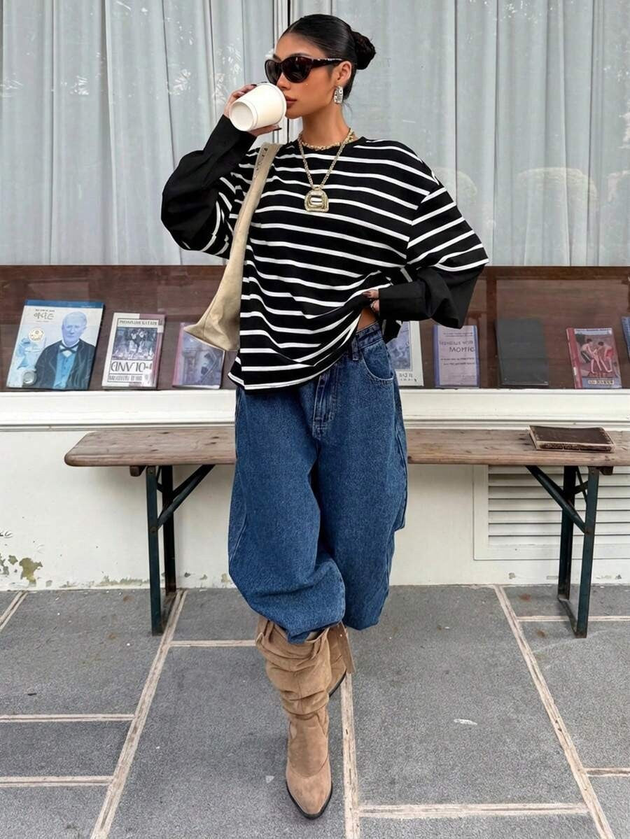 Striped Layered Look Long Sleeve Top Relaxed Fit Casual Tee
