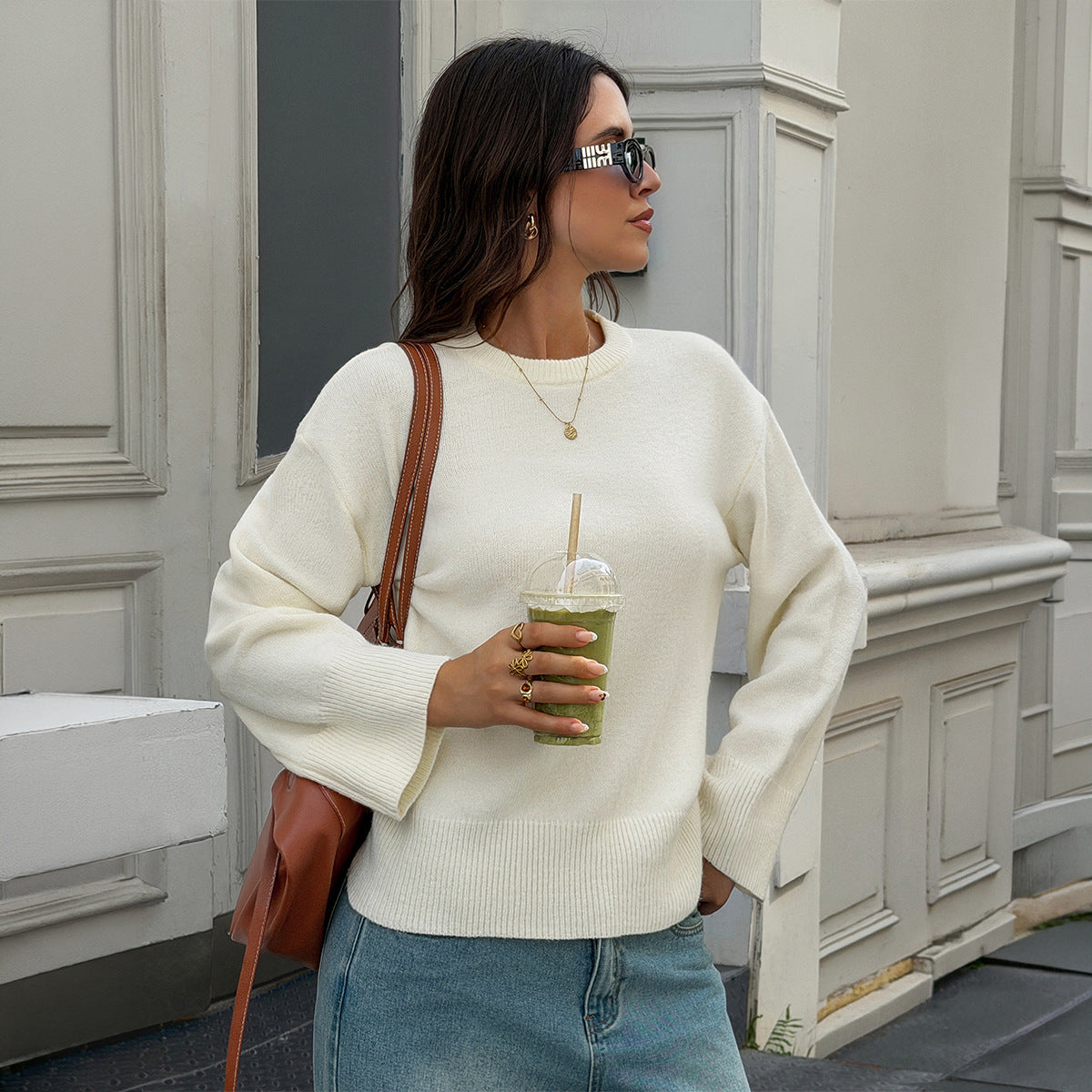 Women's Oversized Cropped Crew Neck Knit Sweater