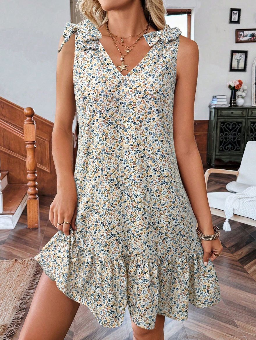 Floral Sleeveless V Neck Bow Summer Dress for Women