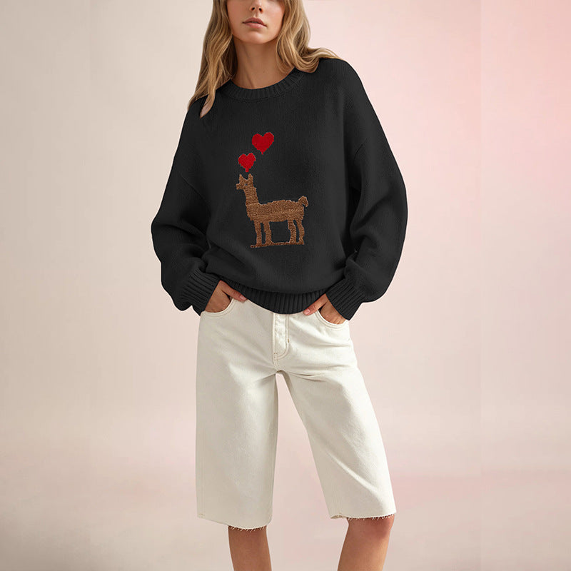 Women's Llama Heart Oversized Crewneck Pullover Sweater