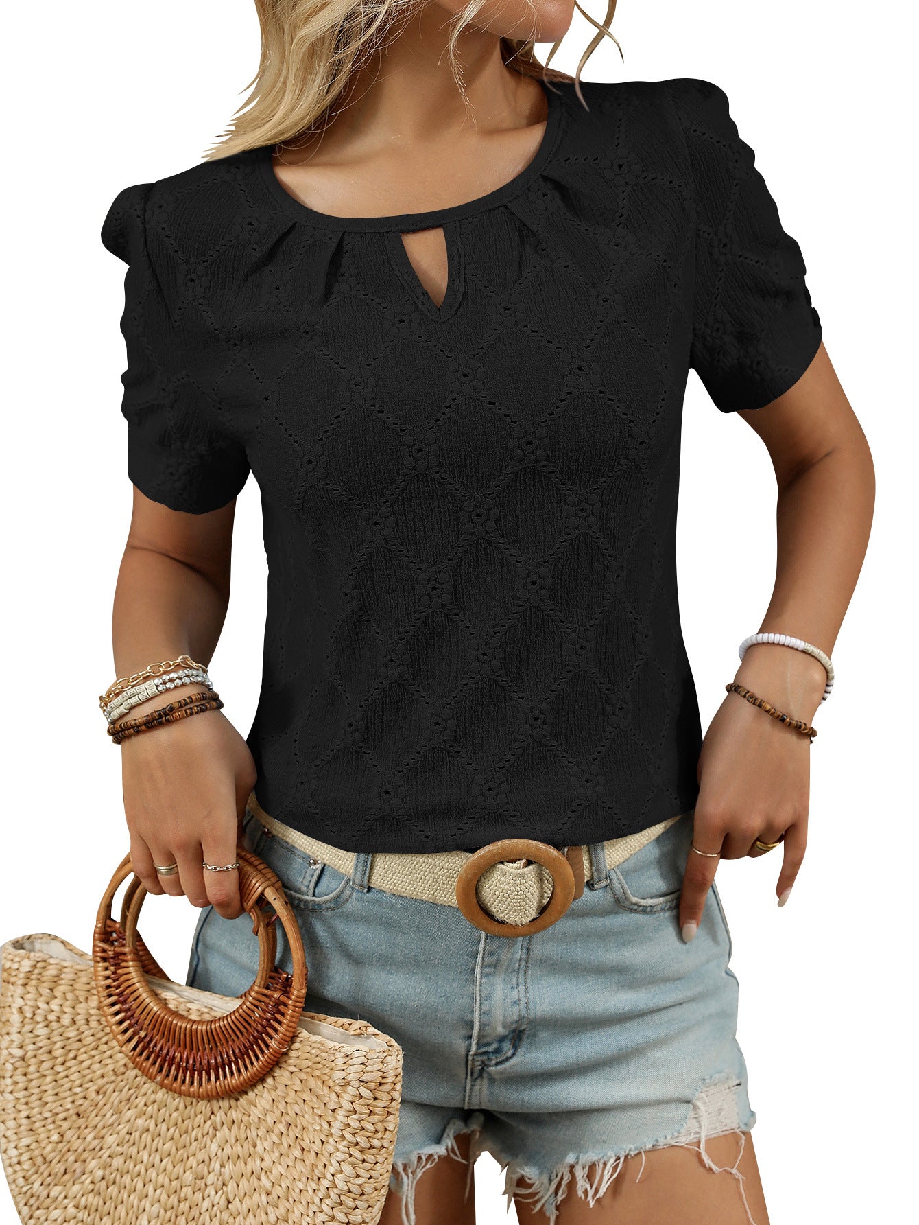 Women’s Eyelet Knit T Shirt Short Sleeve Summer Top