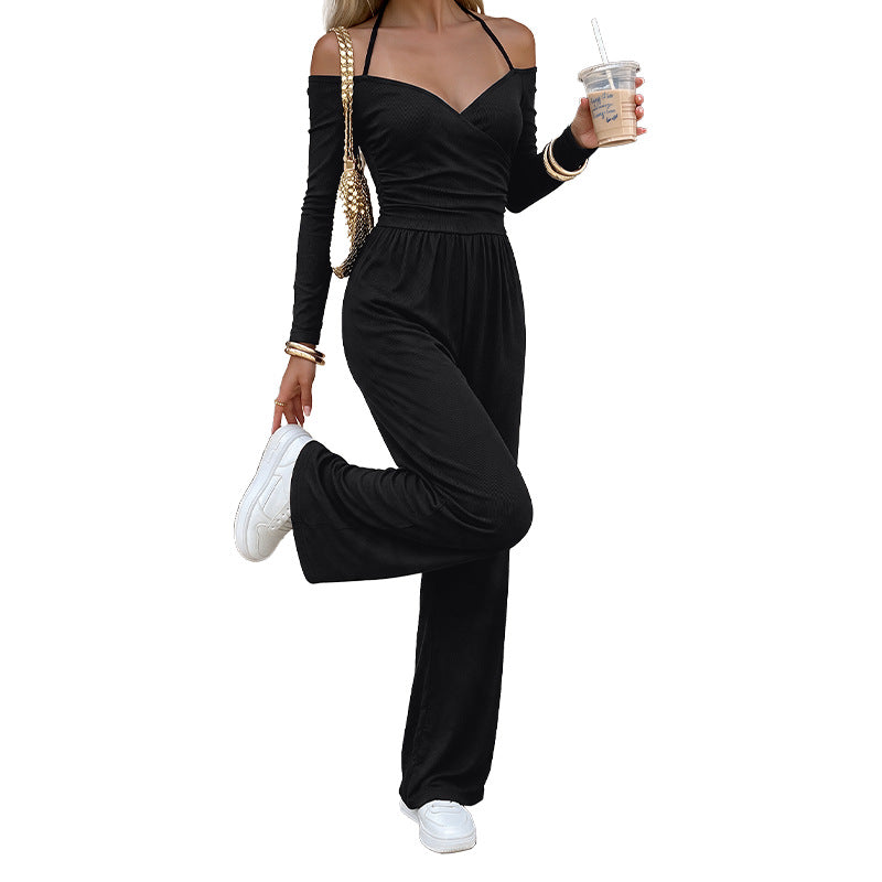 Black Halter Off Shoulder Wide Leg Jumpsuit