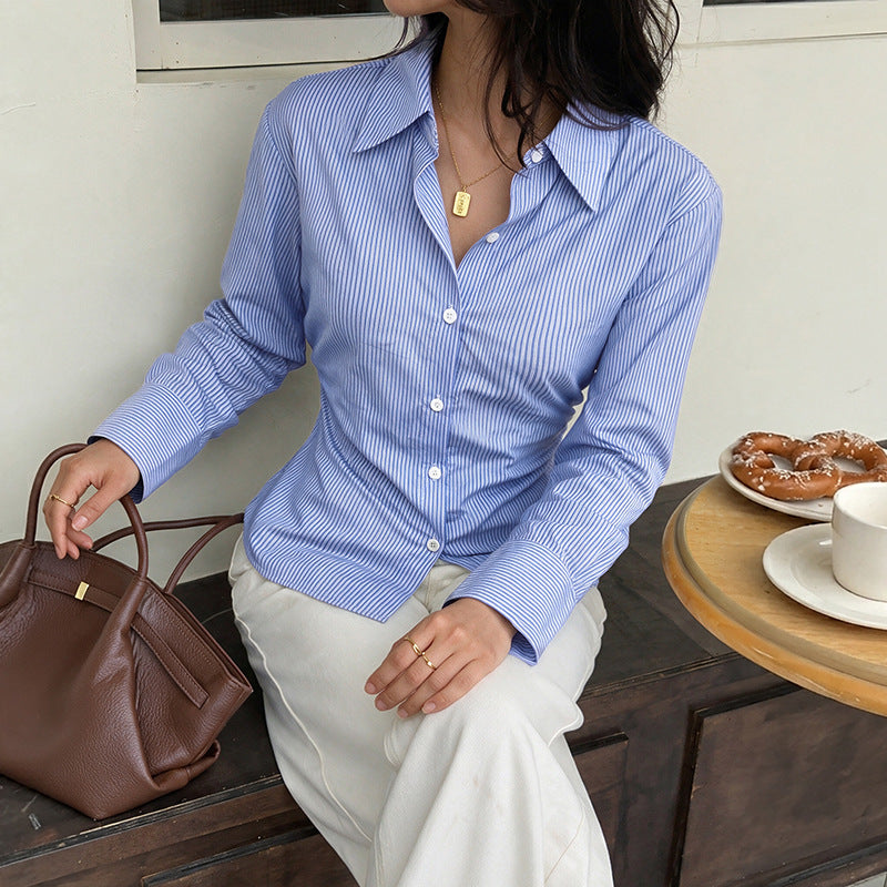 Striped Collared Waist Tie Blouse Long Sleeve Shirt