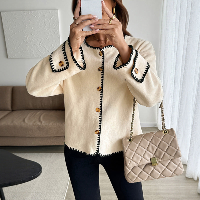 Color Block Trim Fleece Knit Round Neck Cardigan Jacket