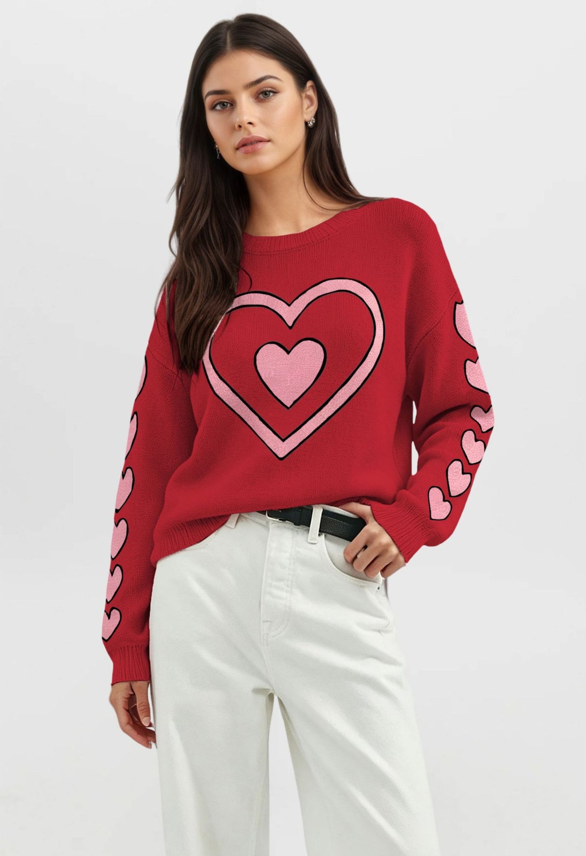 Women's Heart Bow Sweater Valentine Crewneck Knit Pullover