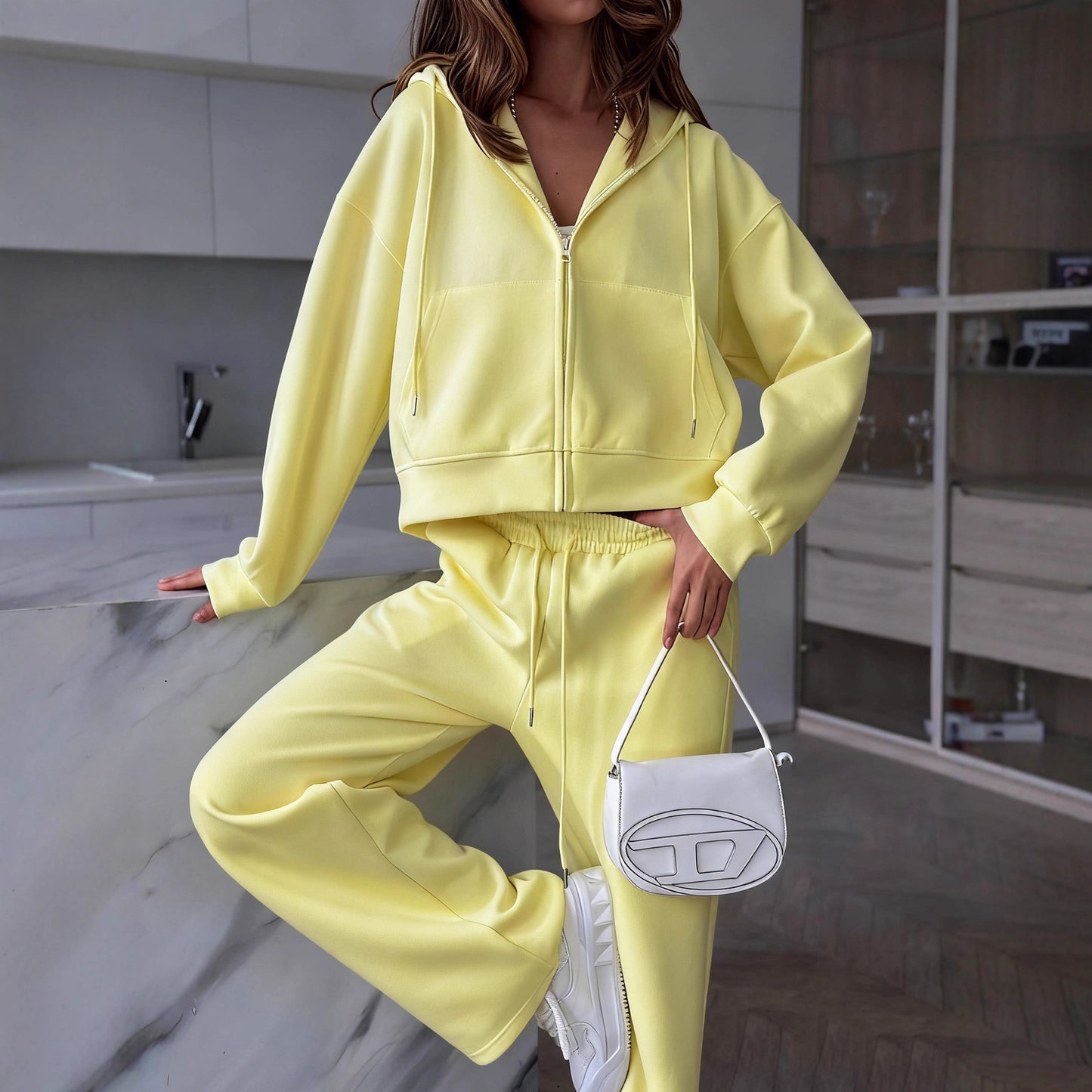 Two Piece Lounge Set with Zip-Up Hoodie & Wide-Leg Pants