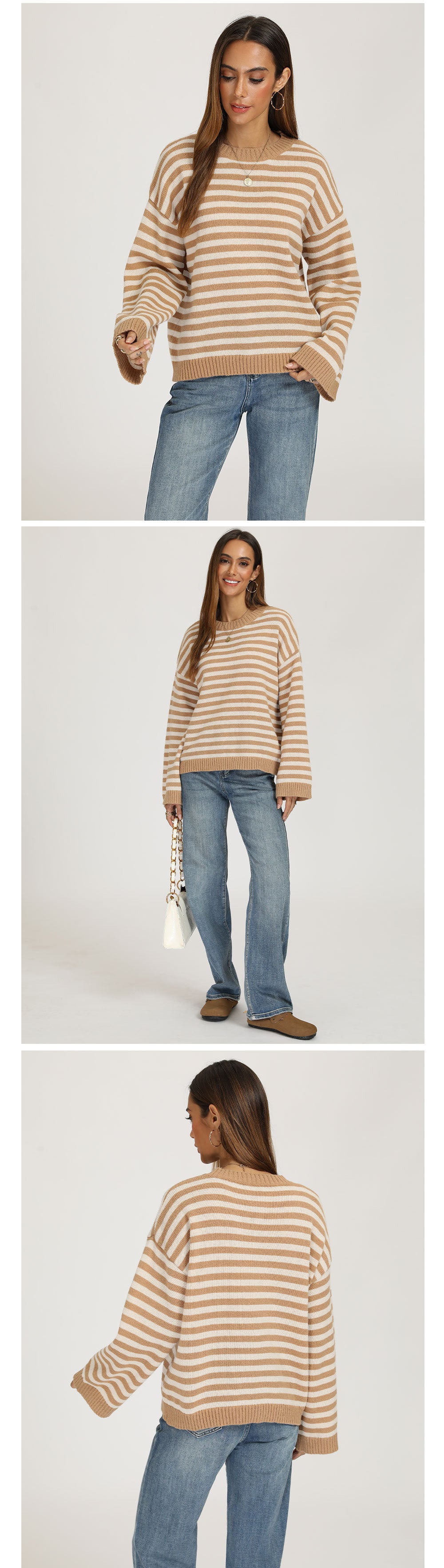Striped Oversized Crew Neck Knit Sweater Casual Pullover