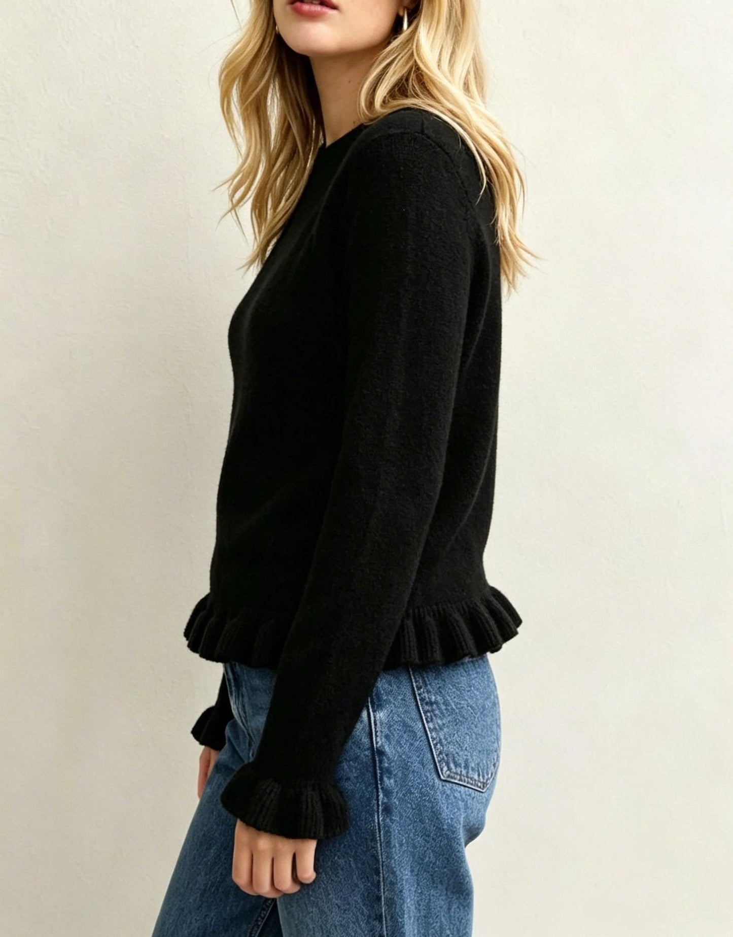 Ruffle Hem Crew Neck Long Sleeve Knit Sweater