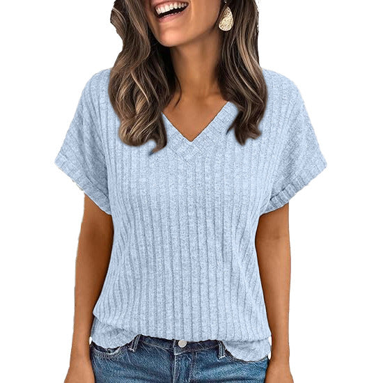 Solid Ribbed T Shirt Casual V Neck Loose Fit