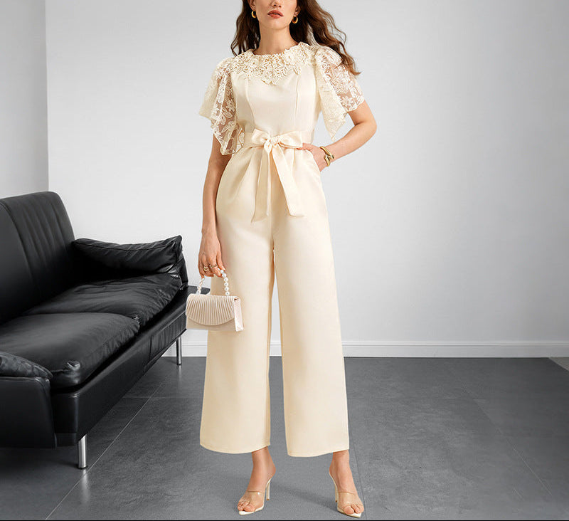 Elegant Lace Sleeve Satin Belted Wide Leg Jumpsuit