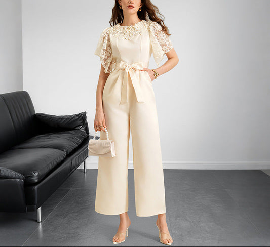 Elegant Lace Sleeve Satin Belted Wide Leg Jumpsuit