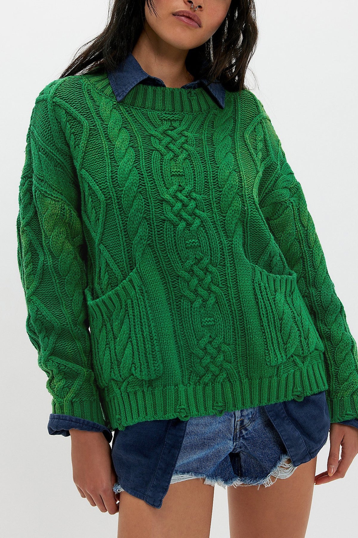 Women's Chunky Cable Knit Oversized Pullover Sweater Pocket
