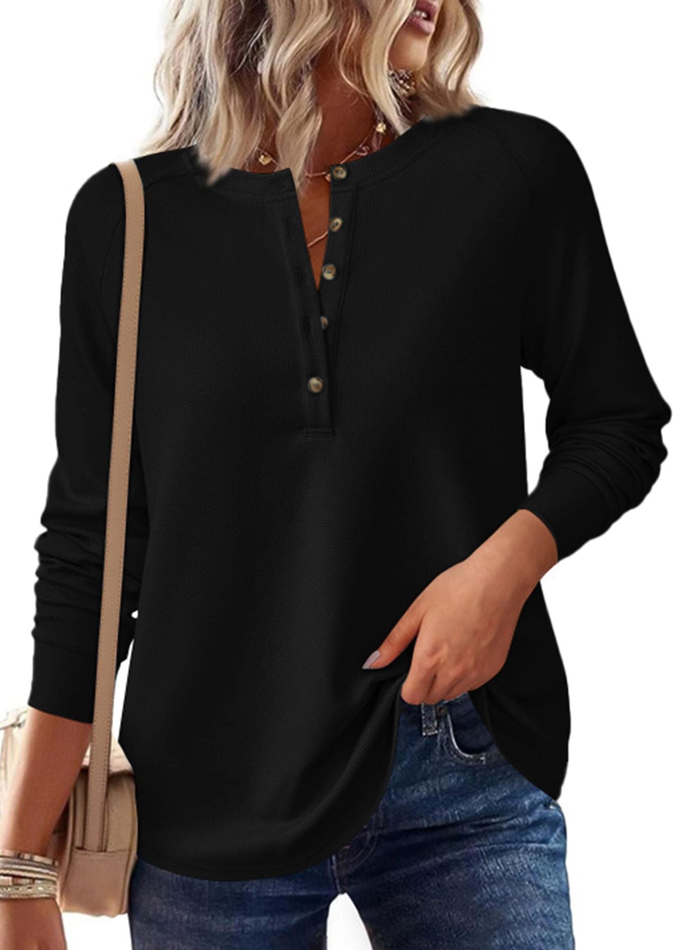 Henley Button Front Waffle Knit Long Sleeve Top