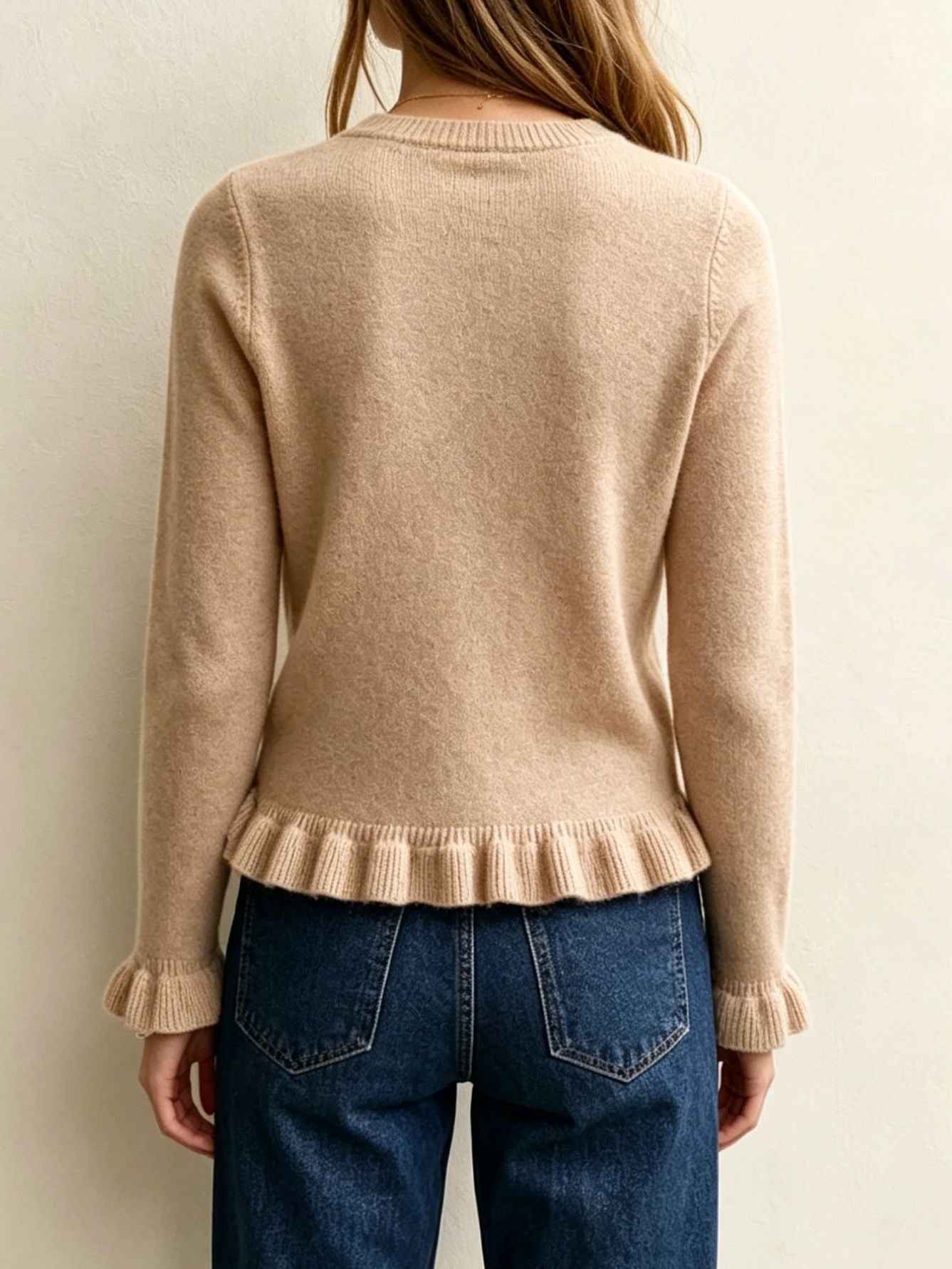 Ruffle Hem Crew Neck Long Sleeve Knit Sweater