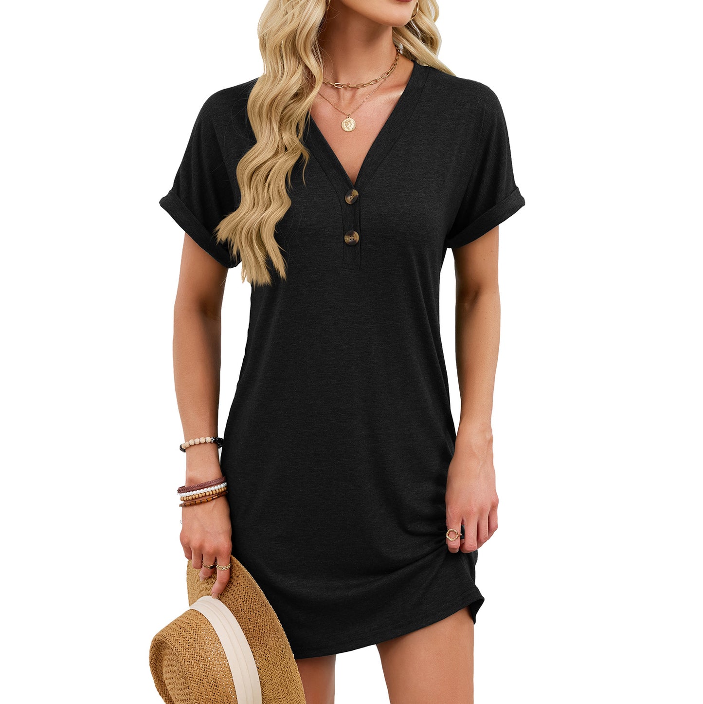 Casual V-Neck Short Sleeve Button Mini T-Shirt Dress
