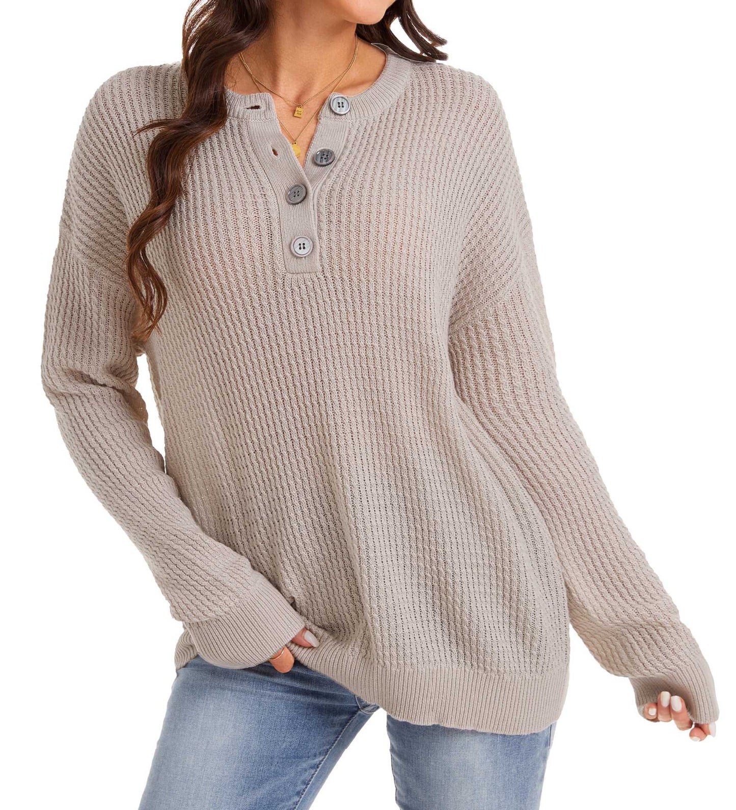Henley Knit Sweater Button Front Relaxed Fit