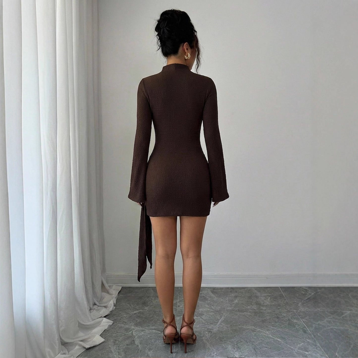 Women’s Ribbed Knit Bodycon Dress with Metal Buckle