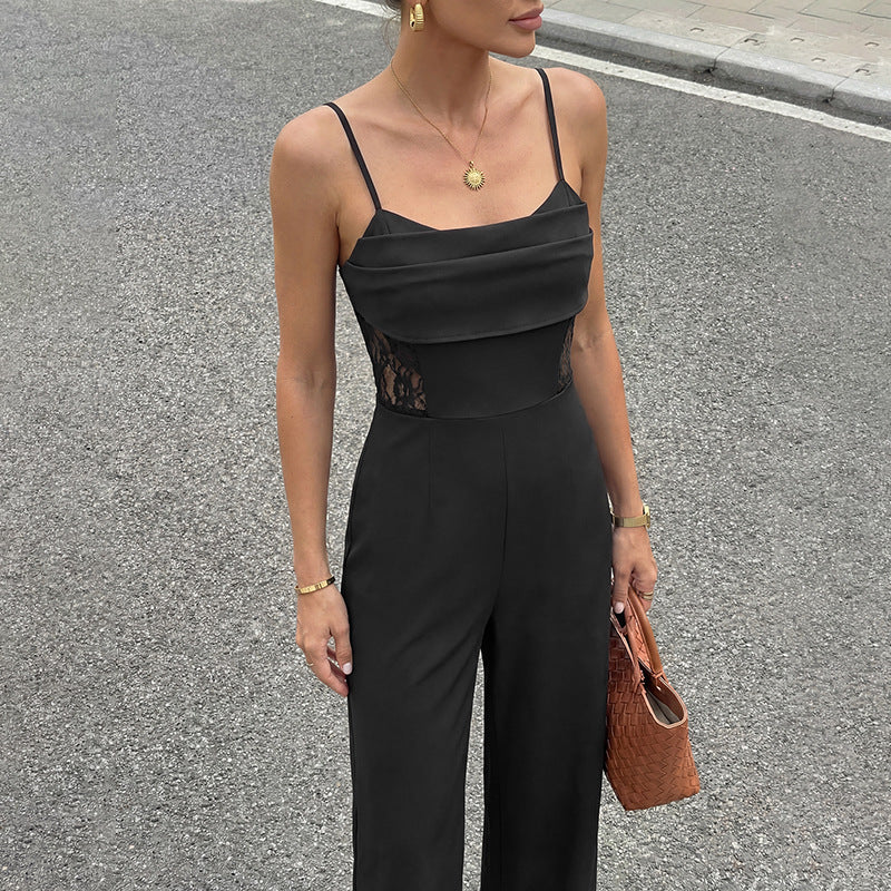Women Lace Panel Spaghetti Strap Wide Leg Jumpsuit