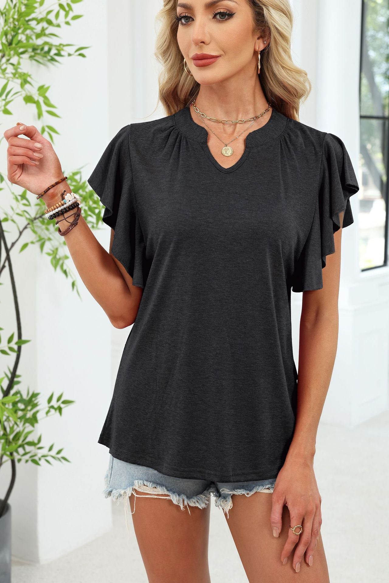 Women's V Neck Flutter Sleeve Loose Fit Casual Summer Tee