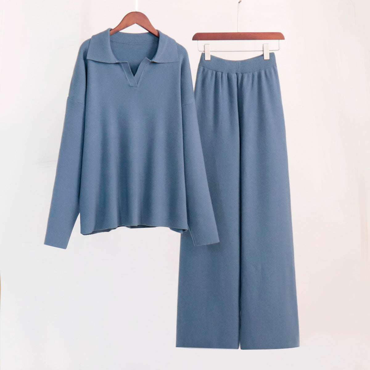 Polo Collar Knit Sweater Wide Leg Pants Set