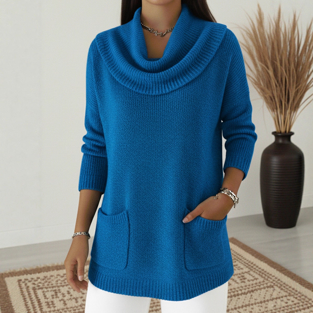 Tunic Sweater Cowl Neck Long Sleeve Top with Pockets