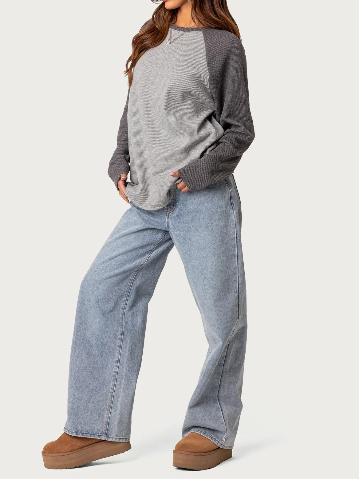Colorblock Raglan Sleeve Waffle Knit Top
