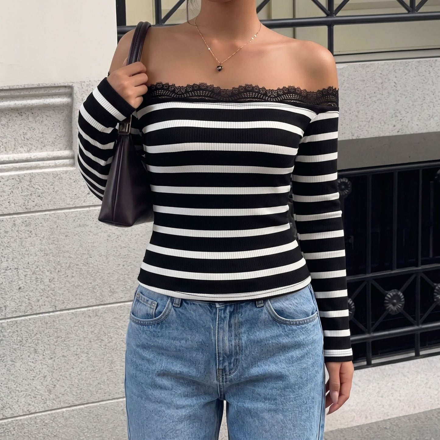 Lace Trim Striped Off Shoulder Knit Top Slim Fit Long Sleeve