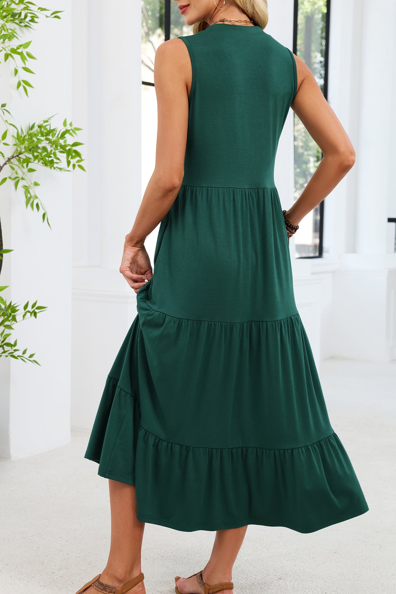 Sleeveless V Neck Button Tiered Midi Dress Casual