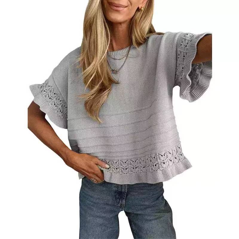 Solid Knit Top Casual Eyelet Ruffle Sleeve