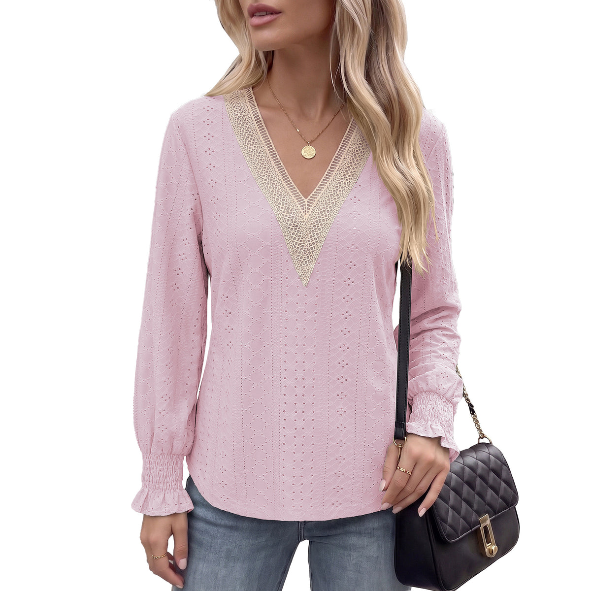 Women's V Neck Lace Trim Eyelet Long Sleeve Blouse