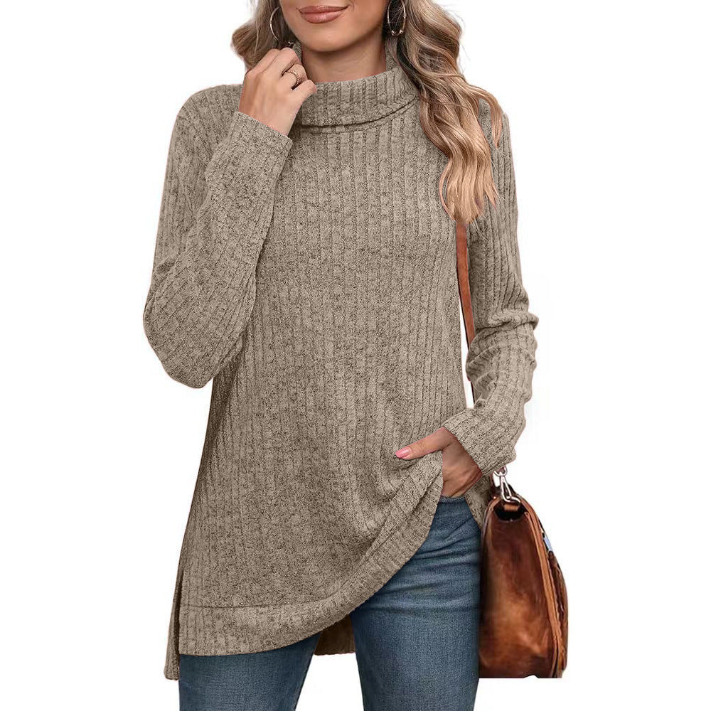 Women's Oversized Ribbed Turtleneck Long Sleeve Slit Tunic