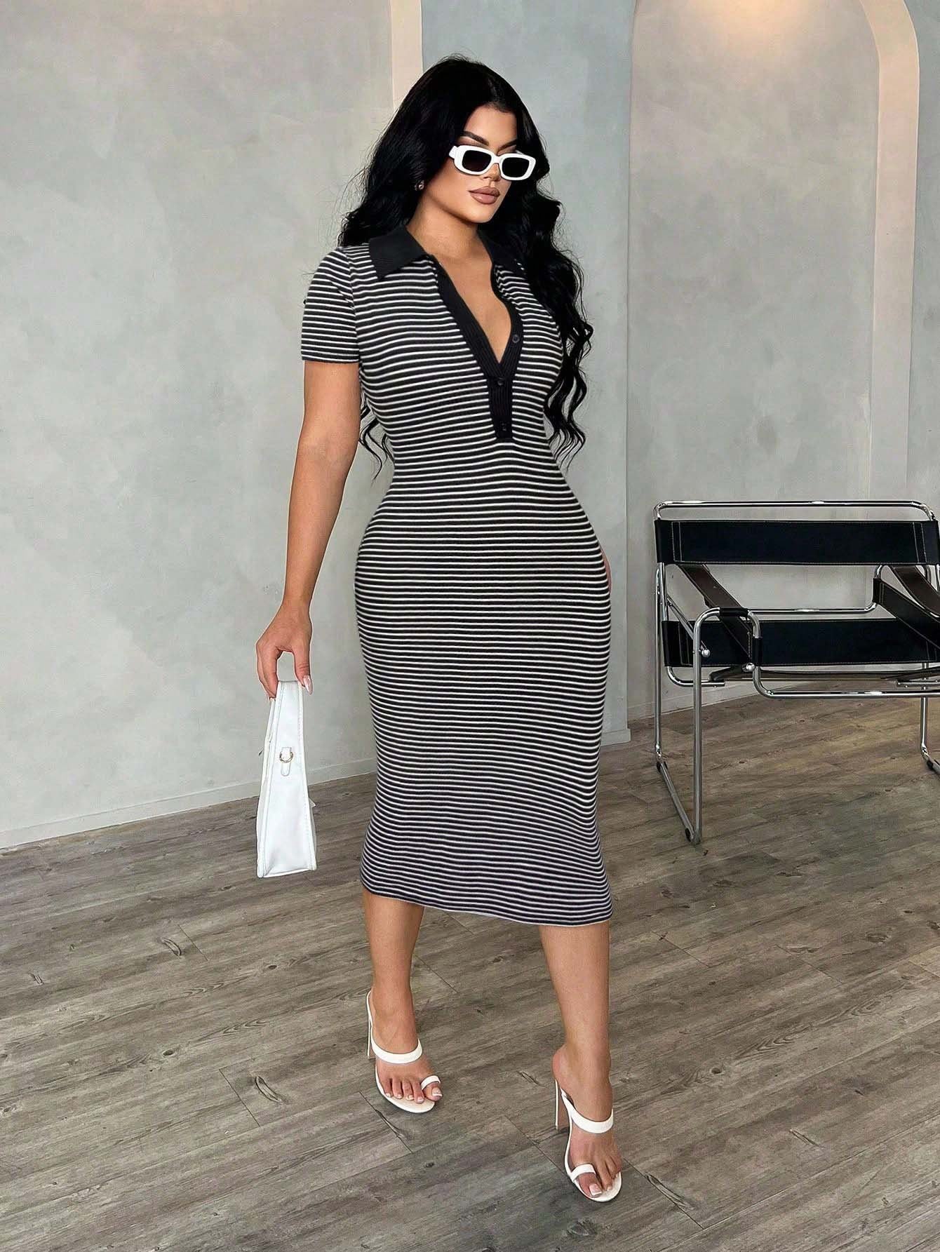 Striped Polo Collar Bodycon Midi Dress Short Sleeve Casual  Wear