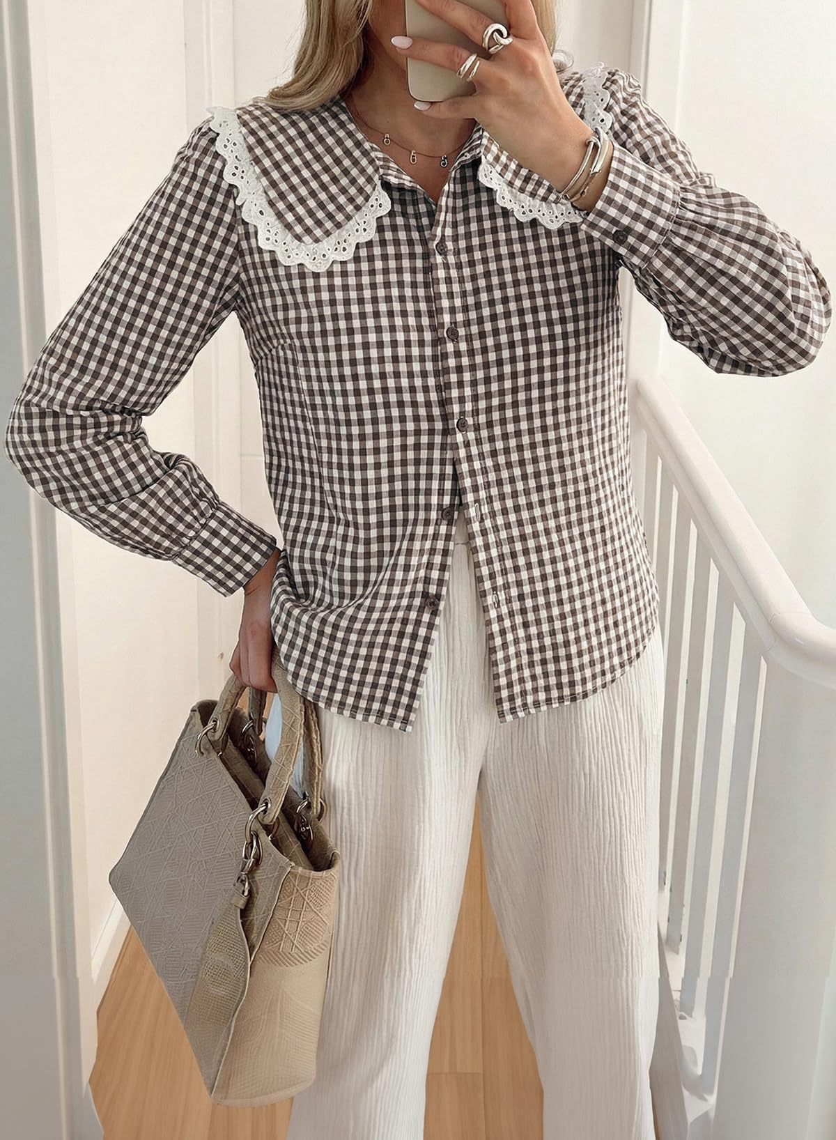 Gingham Lace Peter Pan Collar Long Sleeve Blouse