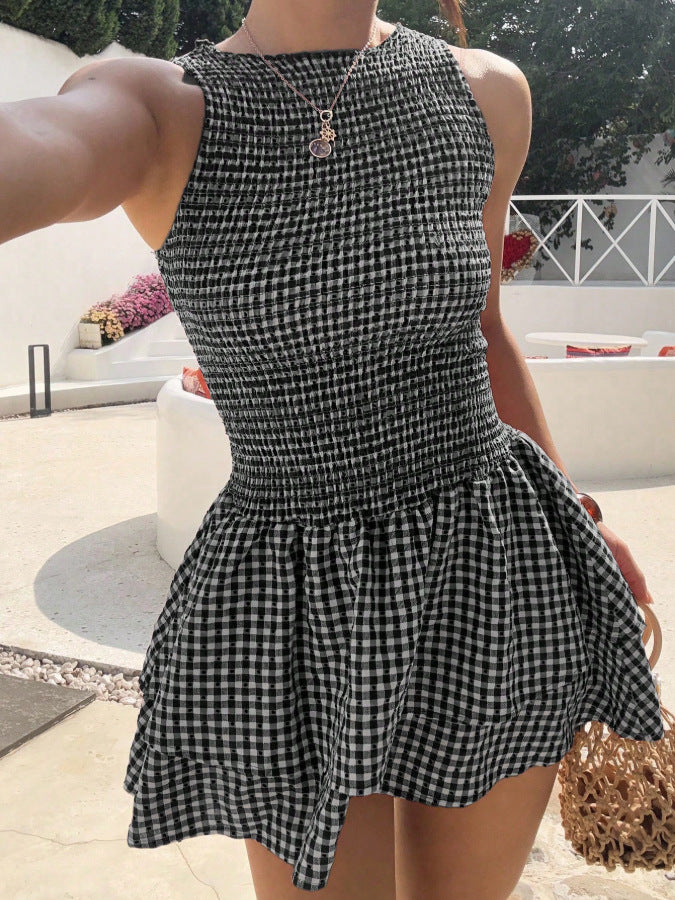 Women’s Smocked Gingham Sleeveless Ruffle Mini Dress