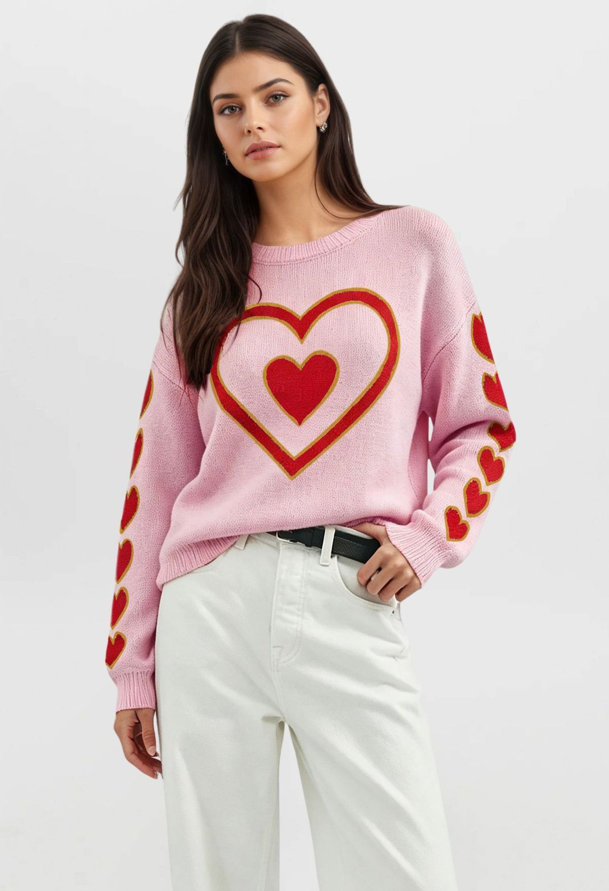 Women's Heart Bow Sweater Valentine Crewneck Knit Pullover