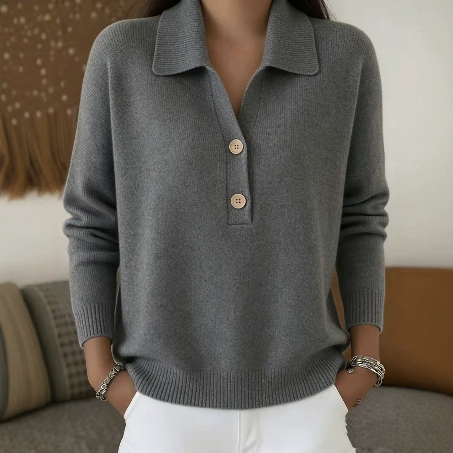 Solid Knit Polo Collar Sweater Button Front Relaxed Fit