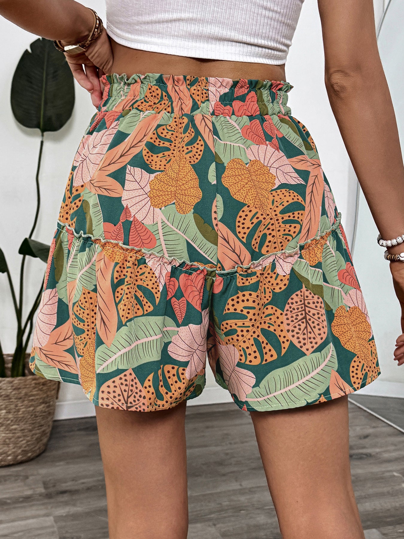 Vacation Style Floral Print Ruffle Hem Shorts