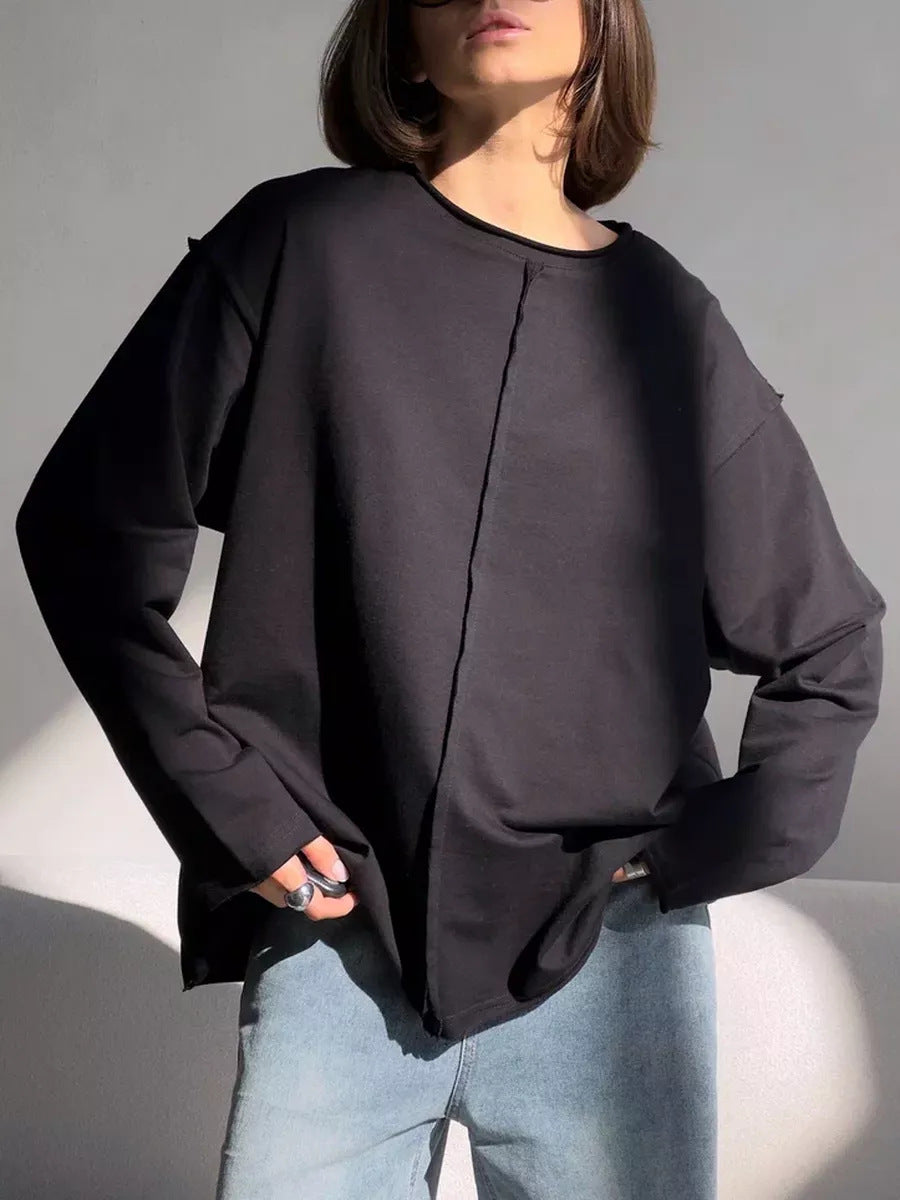 Casual Loose Fit Cotton Long Sleeve Distressed T Shirt Top