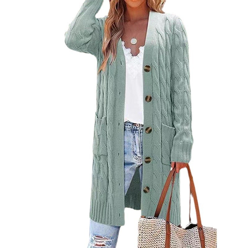 Women's Long Cable Knit Cardigan Button Down Pockets