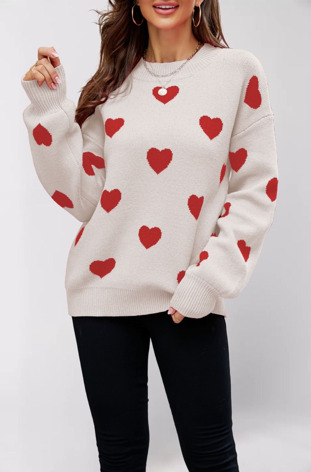 Women's Heart Print Crew Neck Oversized Pullover Sweater
