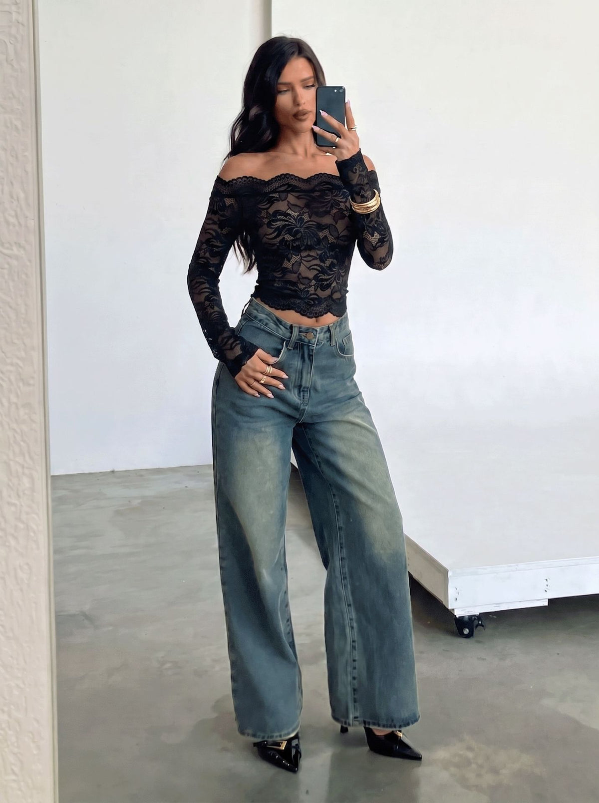 Womens Off Shoulder Lace Crop Top Long Sleeve Floral Sexy