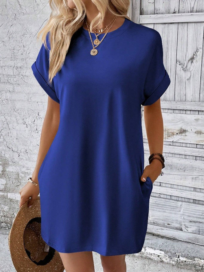 Oversized Crew Neck Casual T Shirt Dress With Pockets