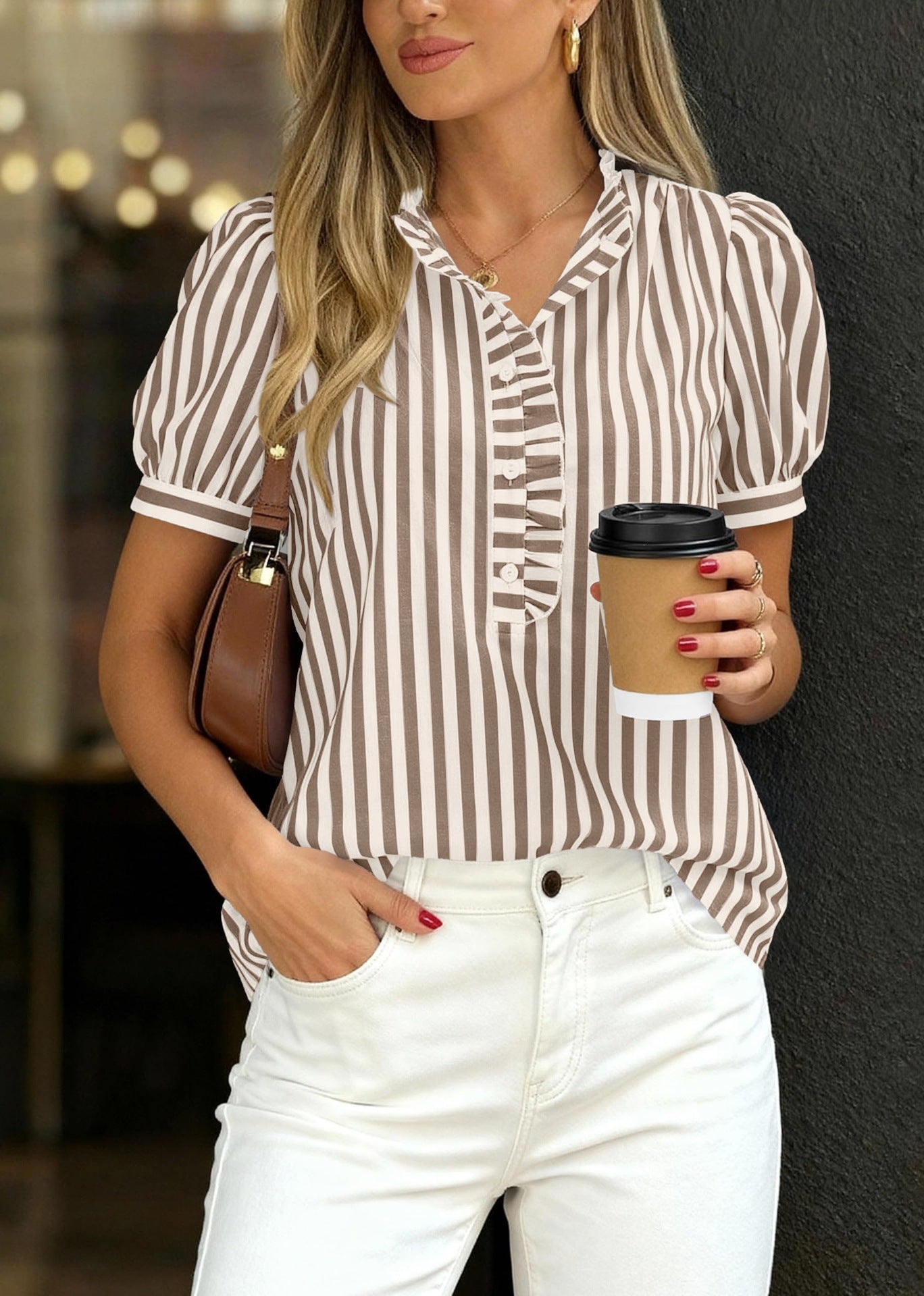 Striped Ruffle V Neck Blouse Puff Sleeve Summer Top