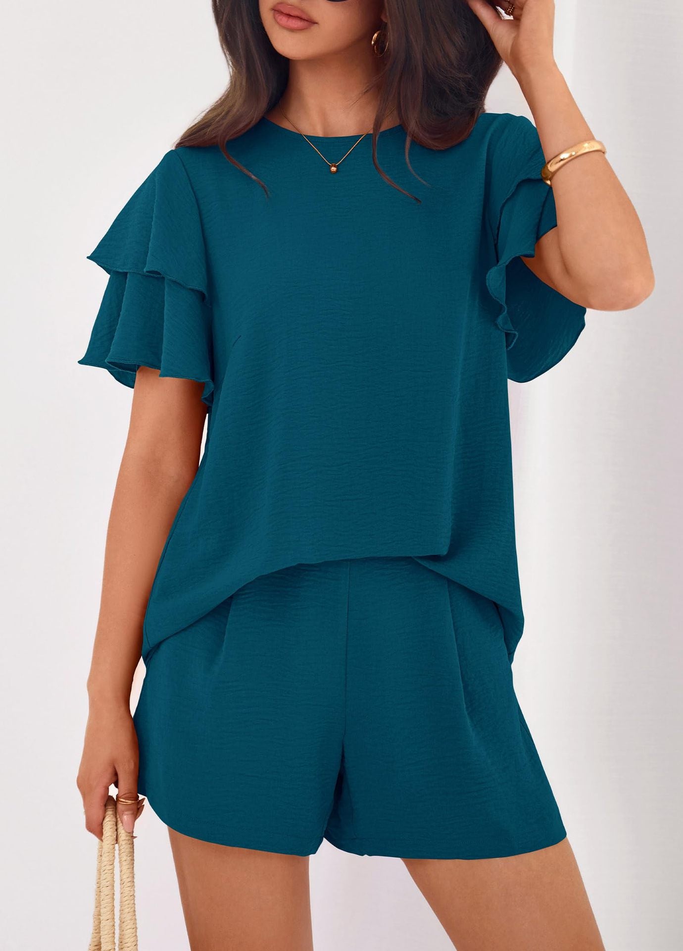Casual Solid Ruffle Sleeve Short Set Lounge Outfit