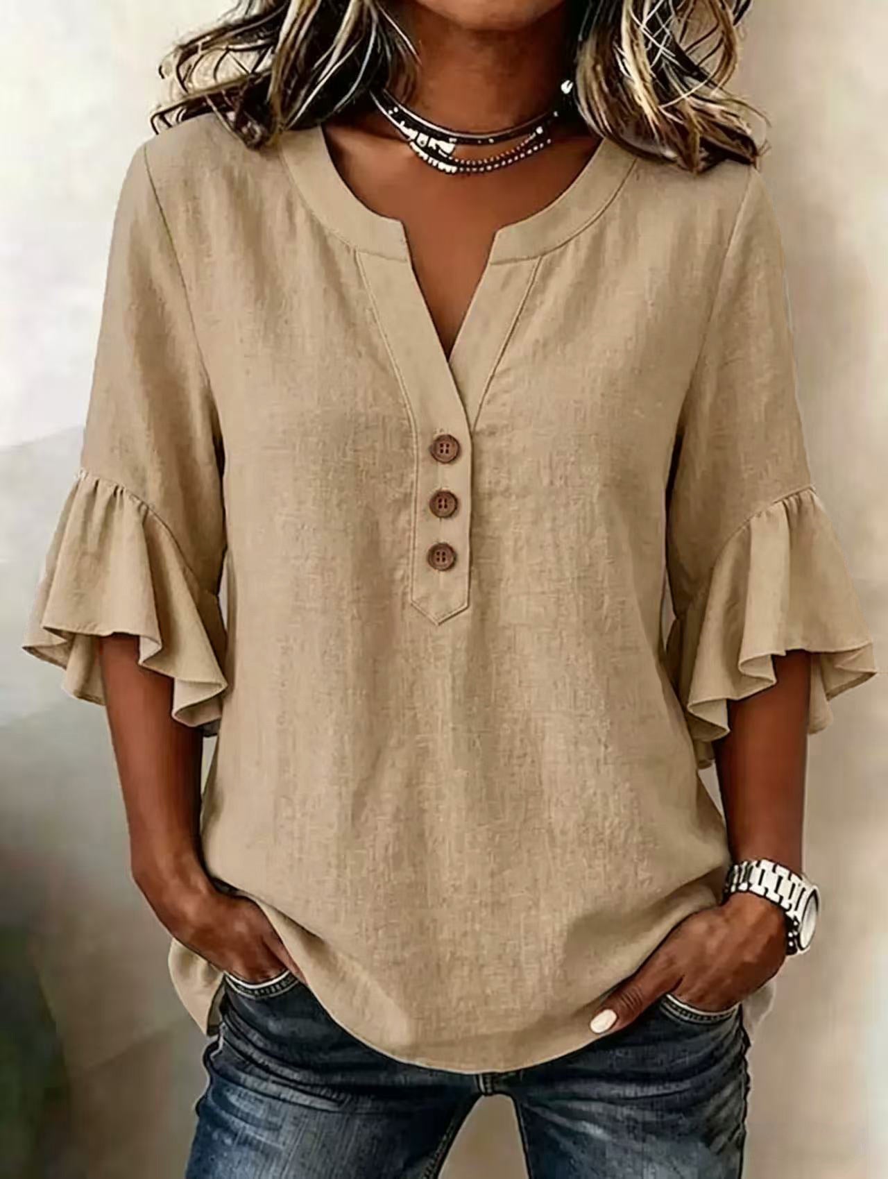 Cotton Linen Blouse Split Neck Three Quarter Bell Sleeves